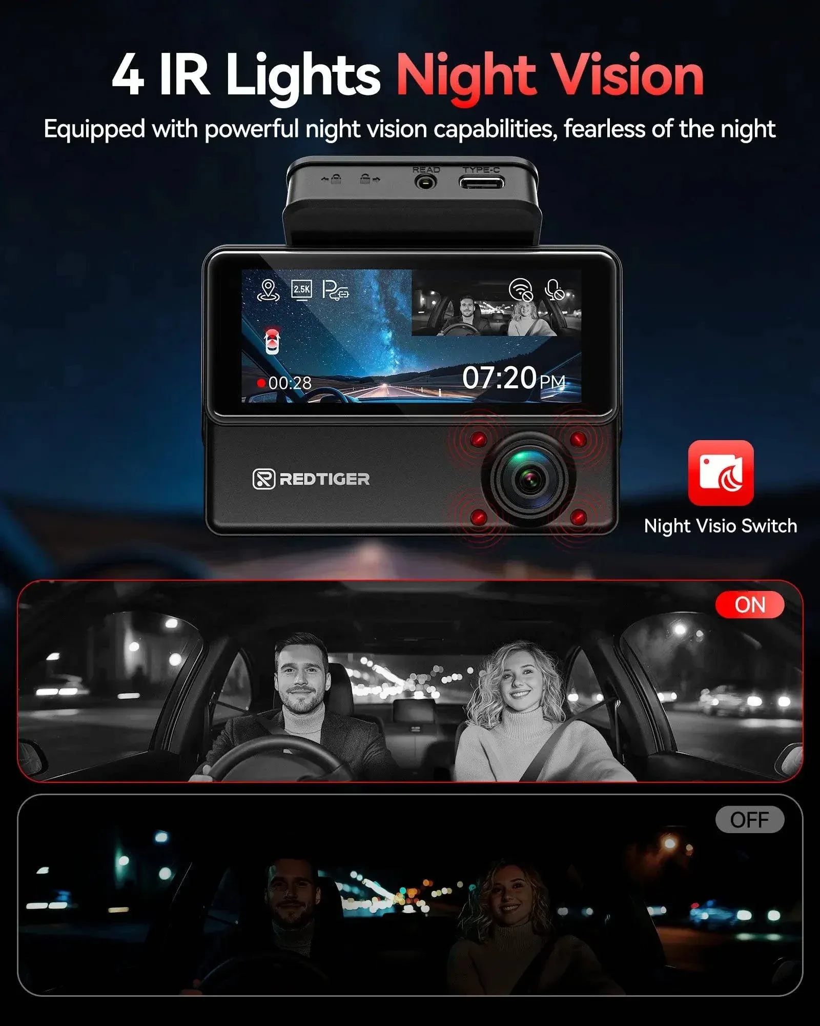Redtiger VP20 530° 3-Channel IR Night View Dash Cam - Image 5